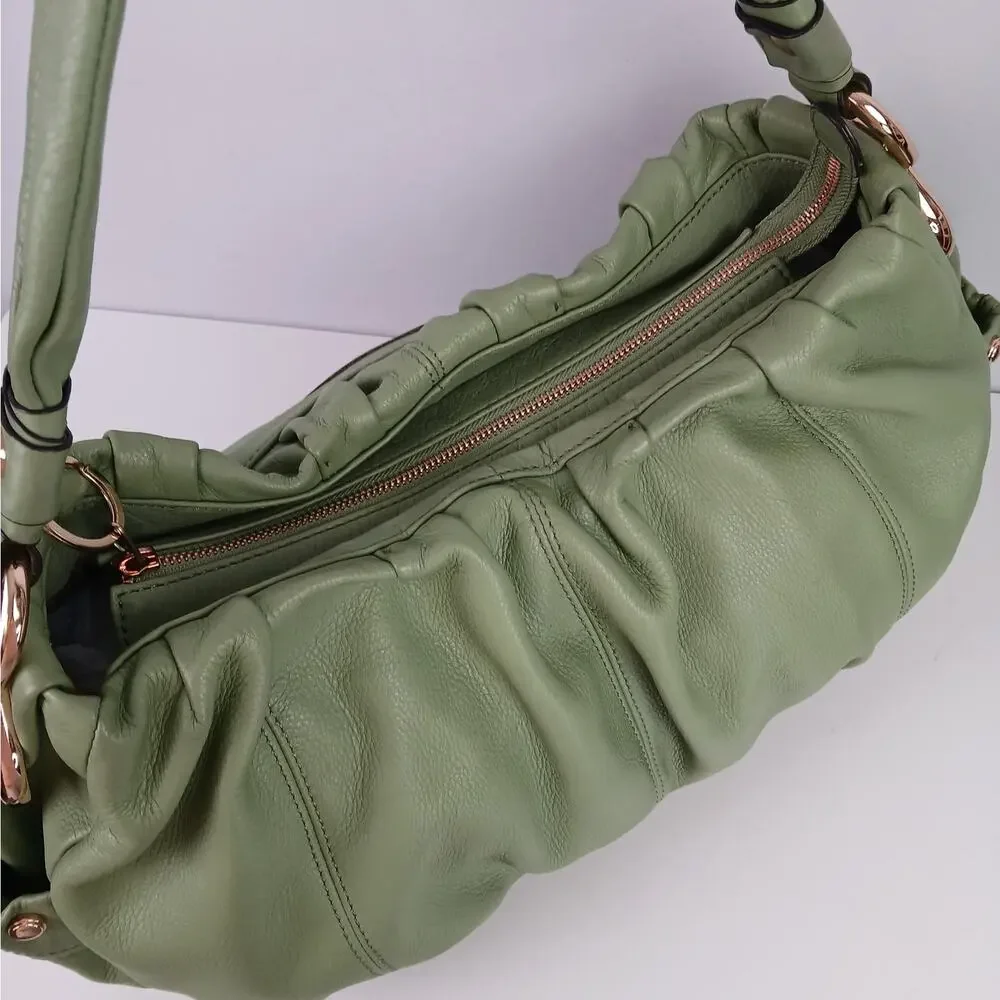 B Makowsky Buttery Green Leather Top Handle Hobo Purse Gold Hardware